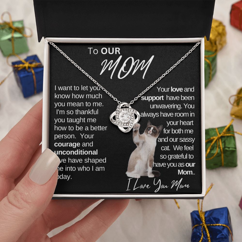 Our Mom Love and Support|Gift from Daughter Son , Grandma Cat present, Love Knot Necklace with Heartwarming Message CardV2