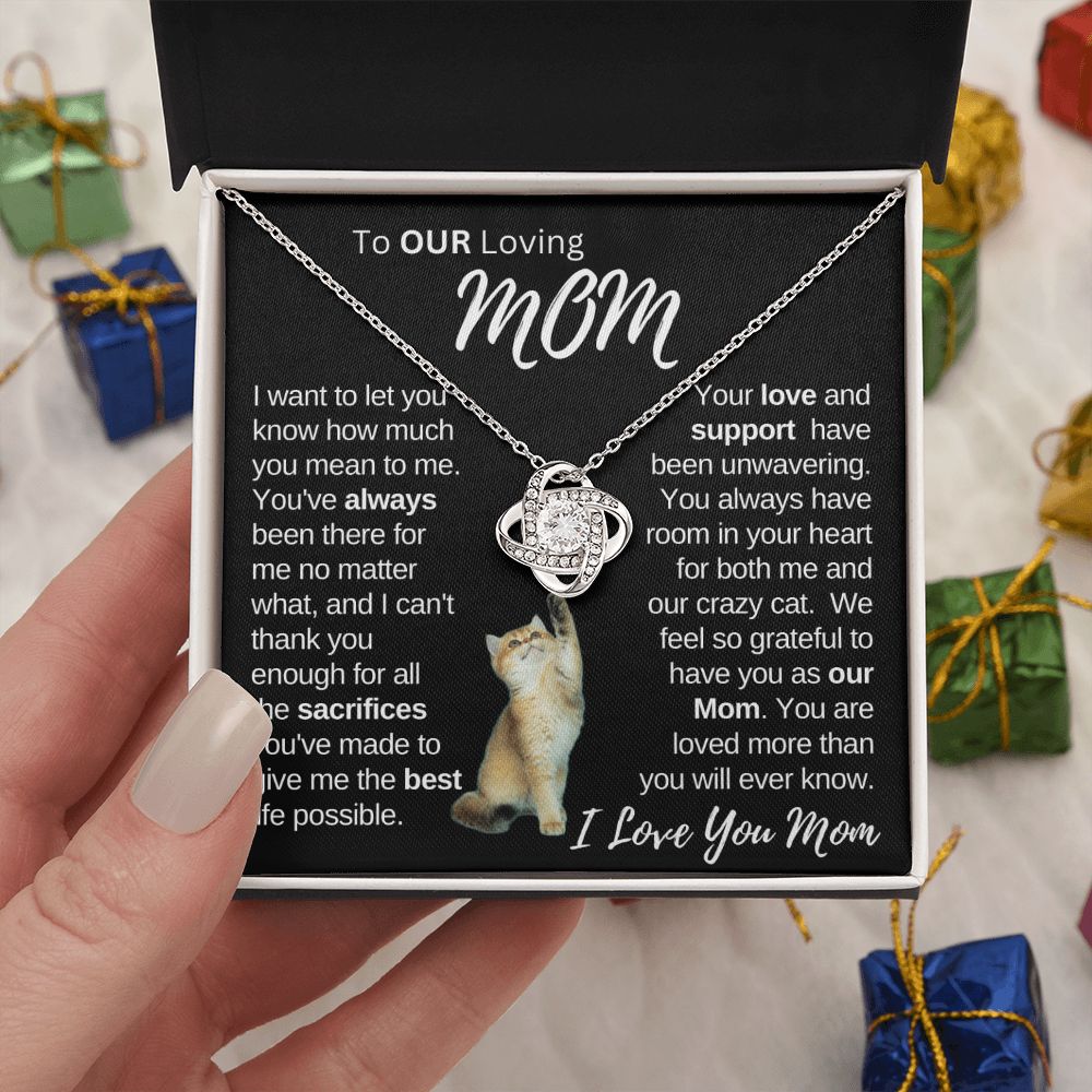 Our Loving Mom|Gift from Daughter Son , Grandma Cat present, Love Knot Necklace with Heartwarming Message CardV2