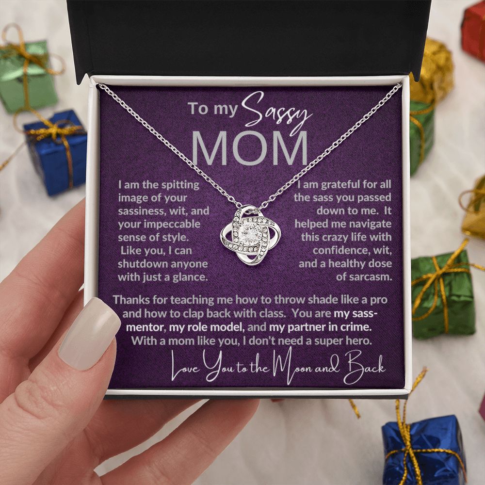 Sassy Mom | Gift from Daughter, Son, Grandma Cat present, Love Knot Necklace with Heartwarming Message Card V1
