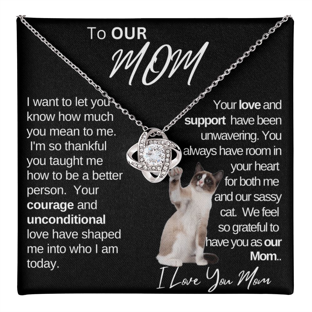 Our Mom Love and Support|Gift from Daughter Son , Grandma Cat present, Love Knot Necklace with Heartwarming Message CardV2