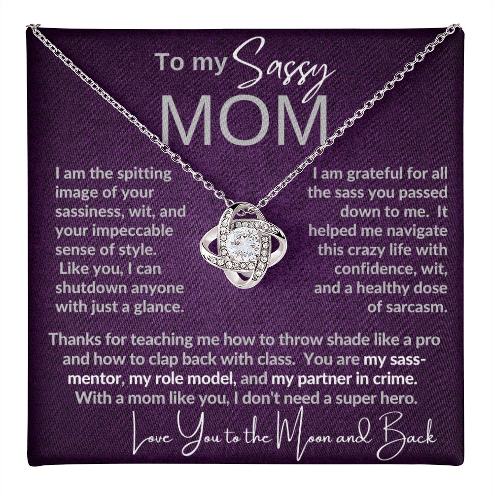 Sassy Mom | Gift from Daughter, Son, Grandma Cat present, Love Knot Necklace with Heartwarming Message Card V1