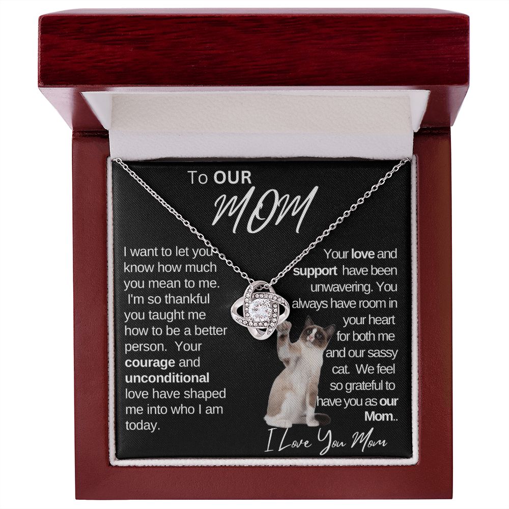 Our Mom Love and Support|Gift from Daughter Son , Grandma Cat present, Love Knot Necklace with Heartwarming Message CardV2