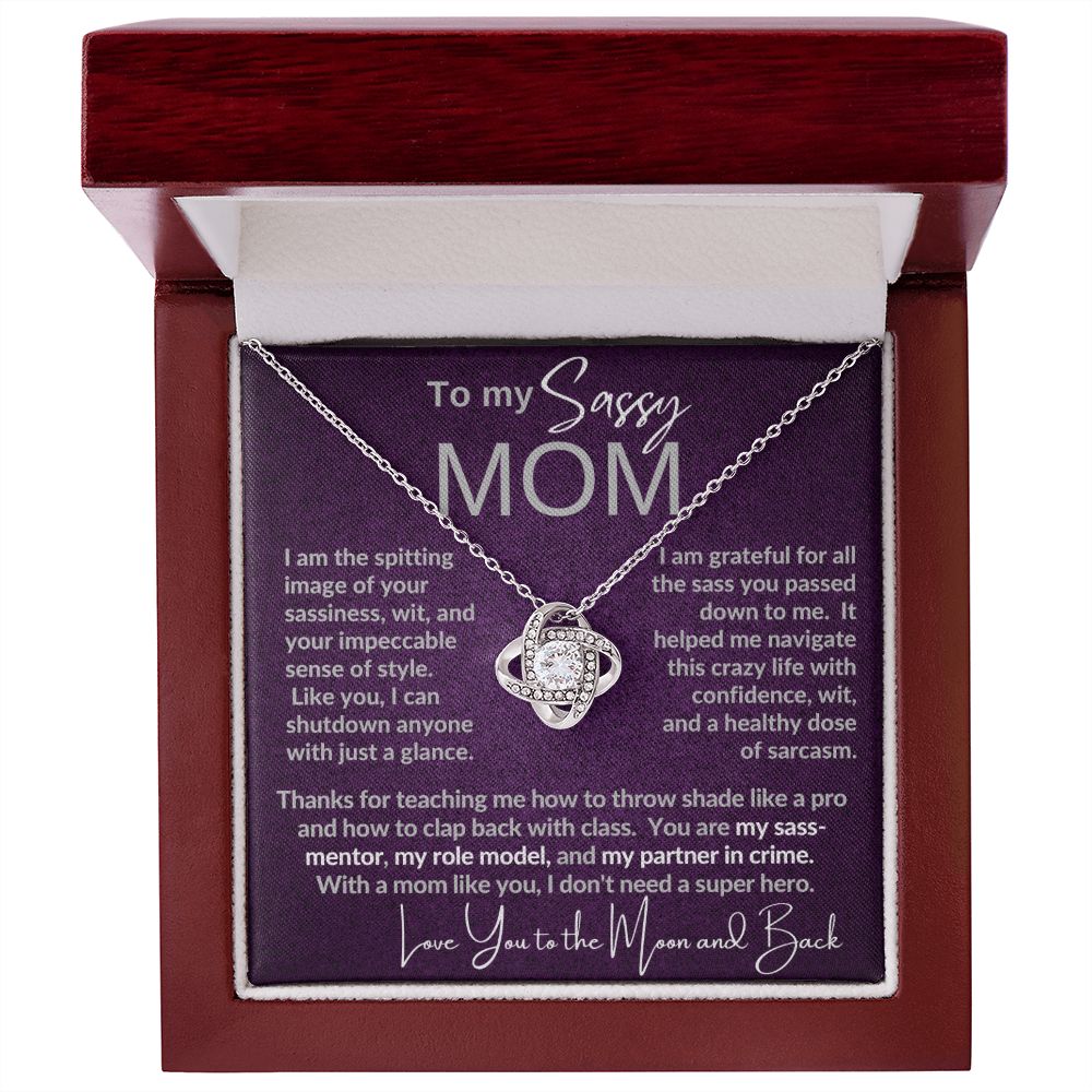 Sassy Mom | Gift from Daughter, Son, Grandma Cat present, Love Knot Necklace with Heartwarming Message Card V1