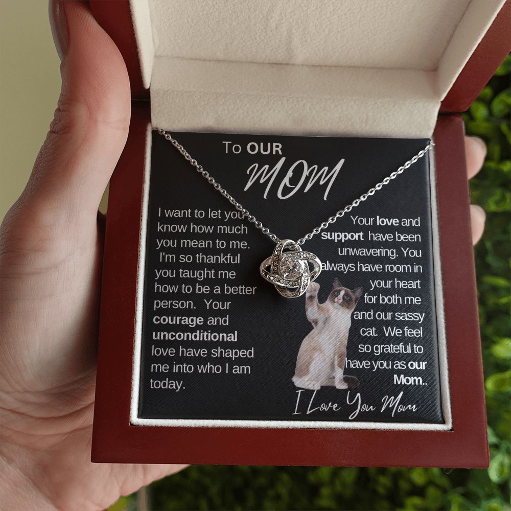 Our Mom Love and Support|Gift from Daughter Son , Grandma Cat present, Love Knot Necklace with Heartwarming Message CardV2