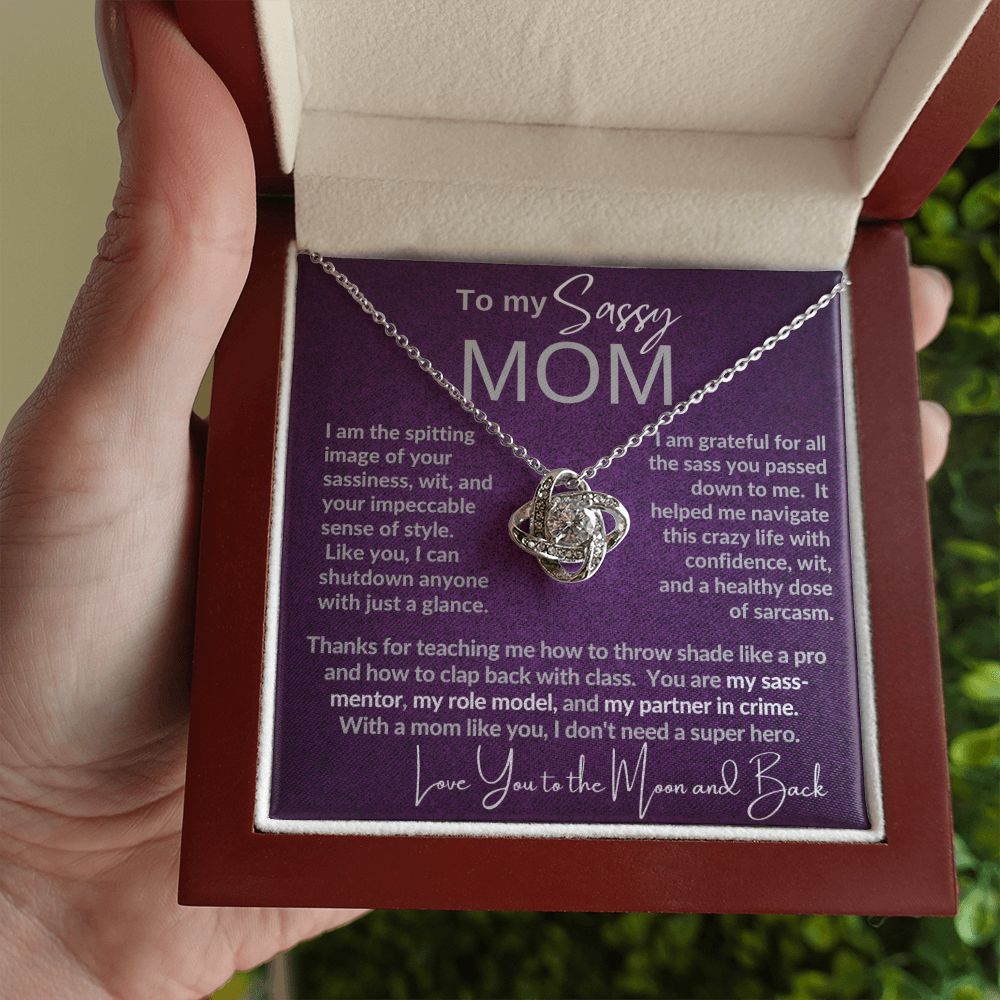 Sassy Mom | Gift from Daughter, Son, Grandma Cat present, Love Knot Necklace with Heartwarming Message Card V1