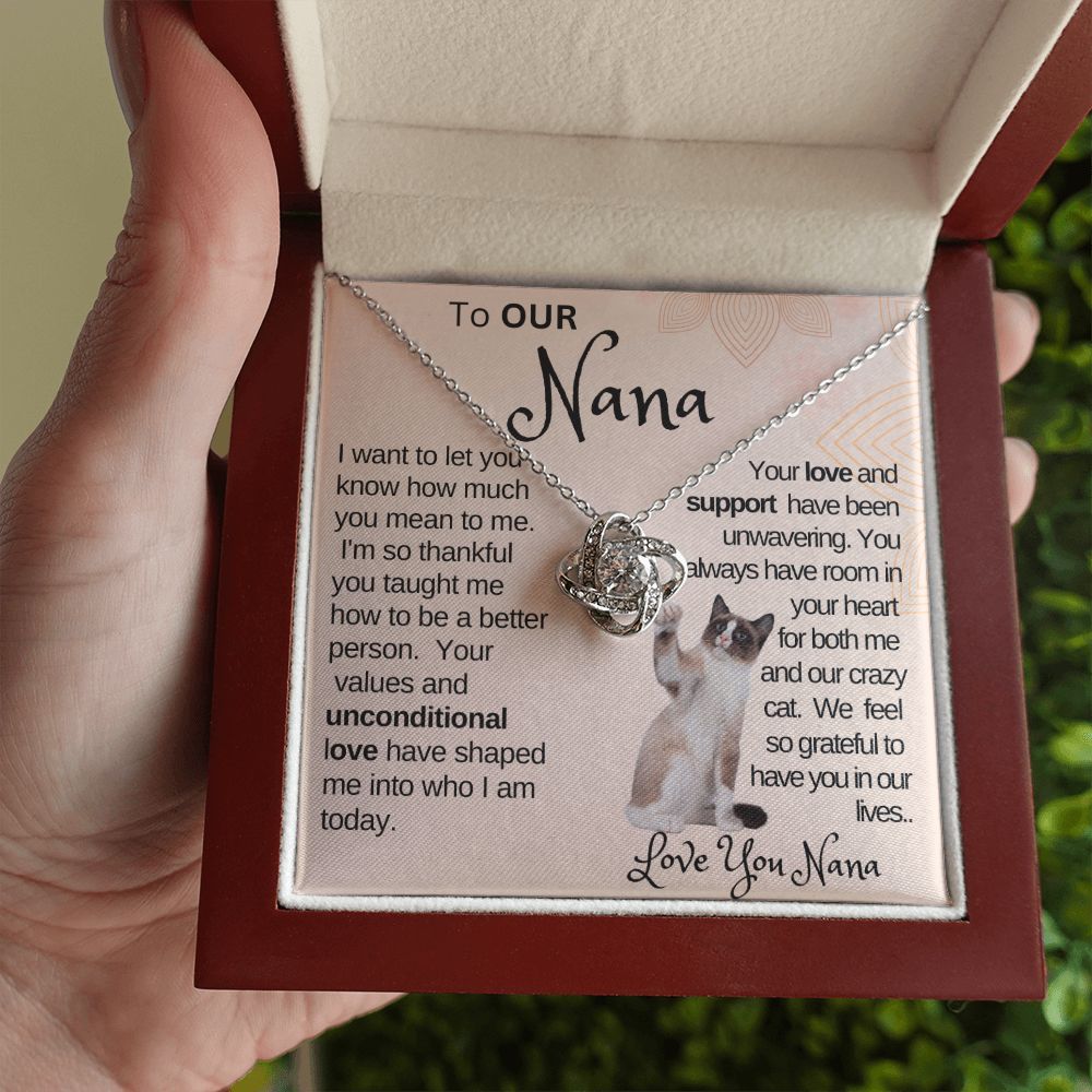 Our Supportive Nana|Gift from Grand Child,  Grandma Cat present, Love Knot Necklace with Heartwarming Message CardV5