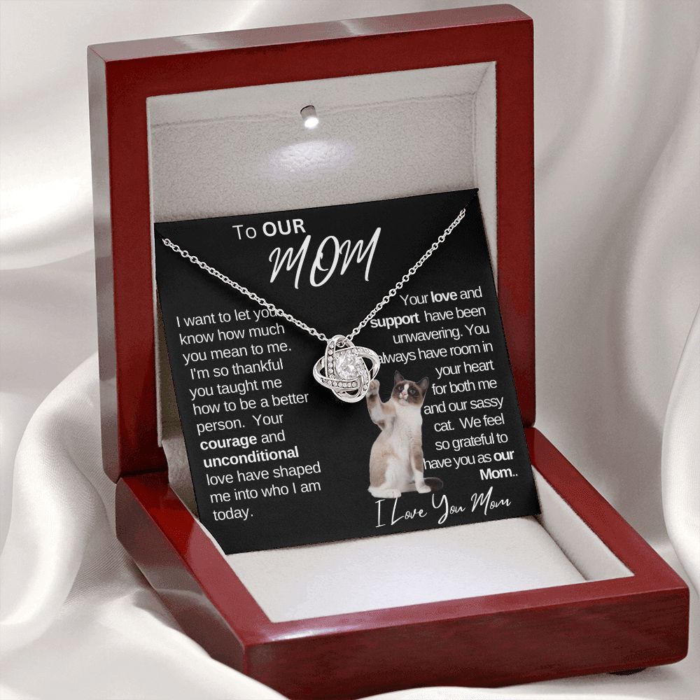 Our Mom Love and Support|Gift from Daughter Son , Grandma Cat present, Love Knot Necklace with Heartwarming Message CardV2