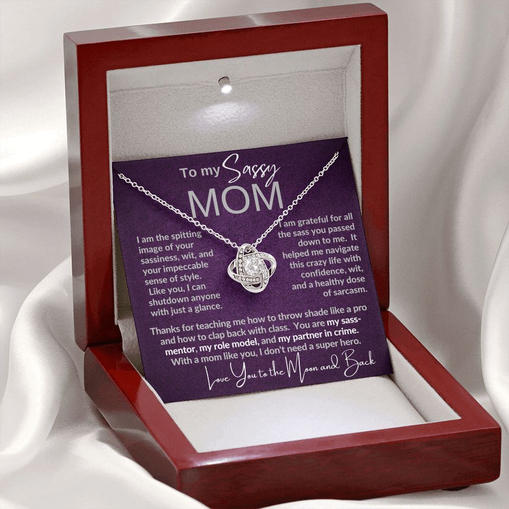 Sassy Mom | Gift from Daughter, Son, Grandma Cat present, Love Knot Necklace with Heartwarming Message Card V1