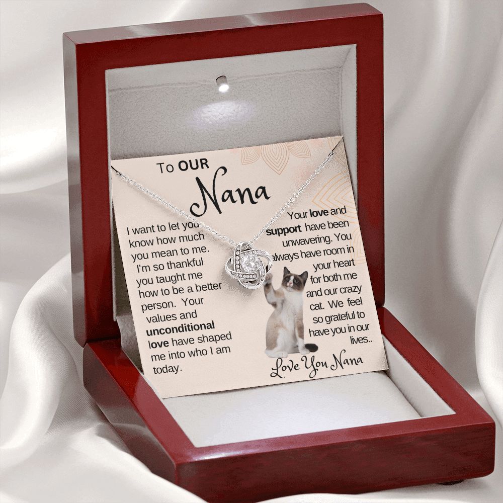 Our Supportive Nana|Gift from Grand Child,  Grandma Cat present, Love Knot Necklace with Heartwarming Message CardV5